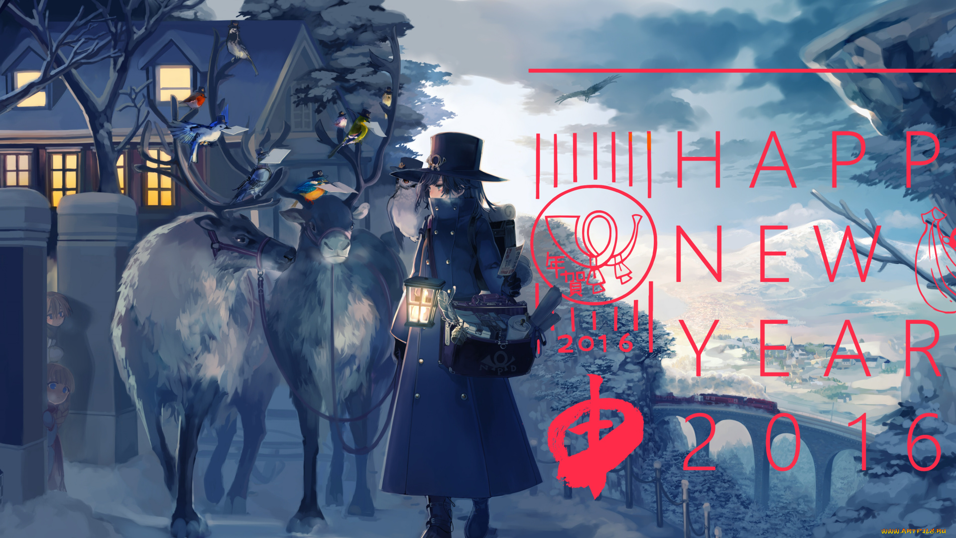аниме, зима, , новый, год, , рождество, арт, олени, девушка, новый, год, ukai, saki, рождество