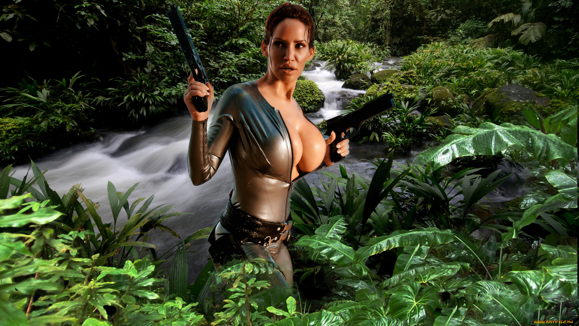 bianca, beauchamp, девушки, bianca, beauchamp, lara, croft, девушка, модель, рыжеволосая, джунгли, тропики, пистолеты, природа