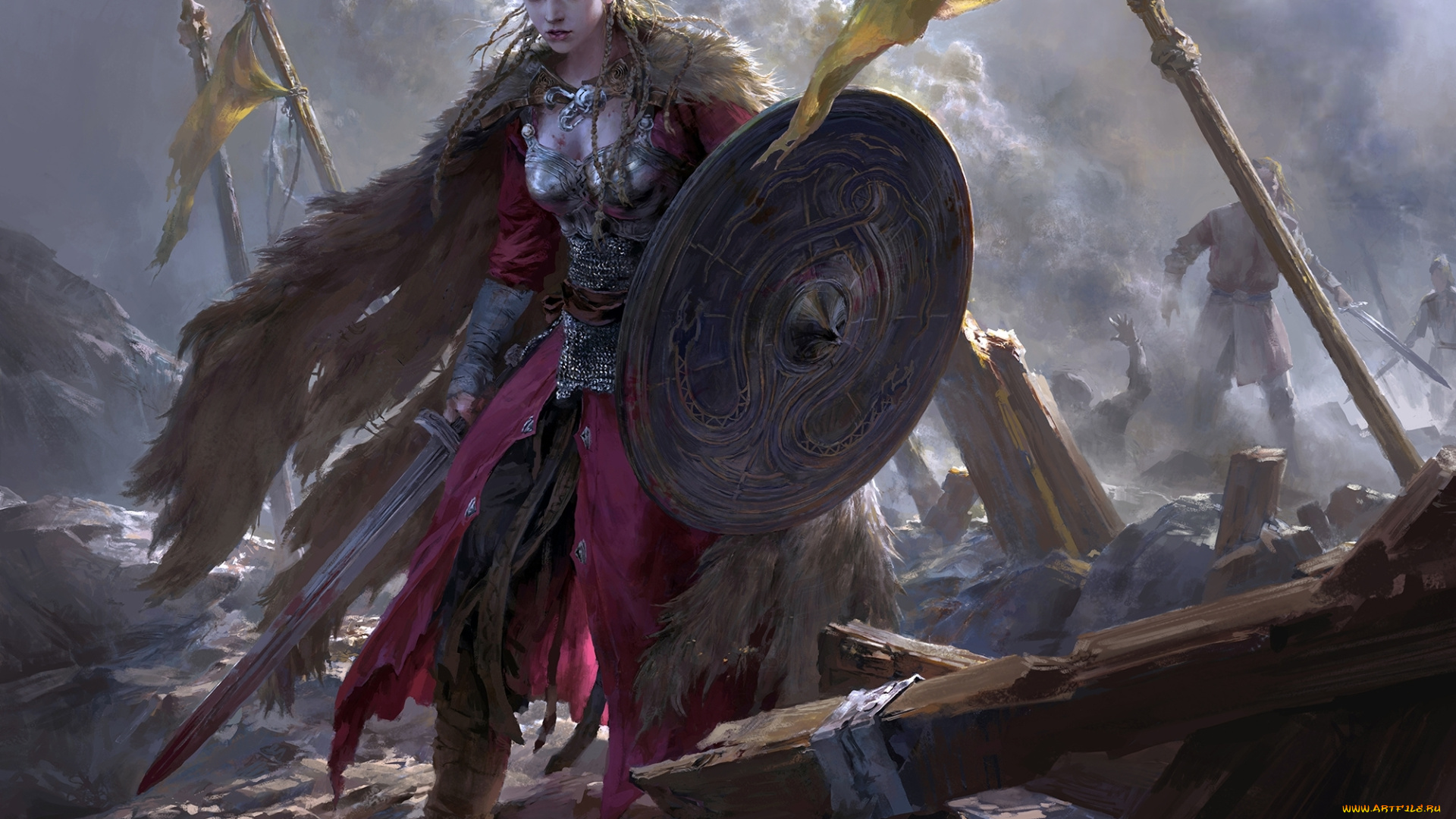 фэнтези, девушки, брунгильда, by, flowerzzxu, скандинавия, brynhildr, викинги, щит, меч, поле, боя, брюнхильда, воительница, валькирия, fantasy, девушка, рисунок, арт, art