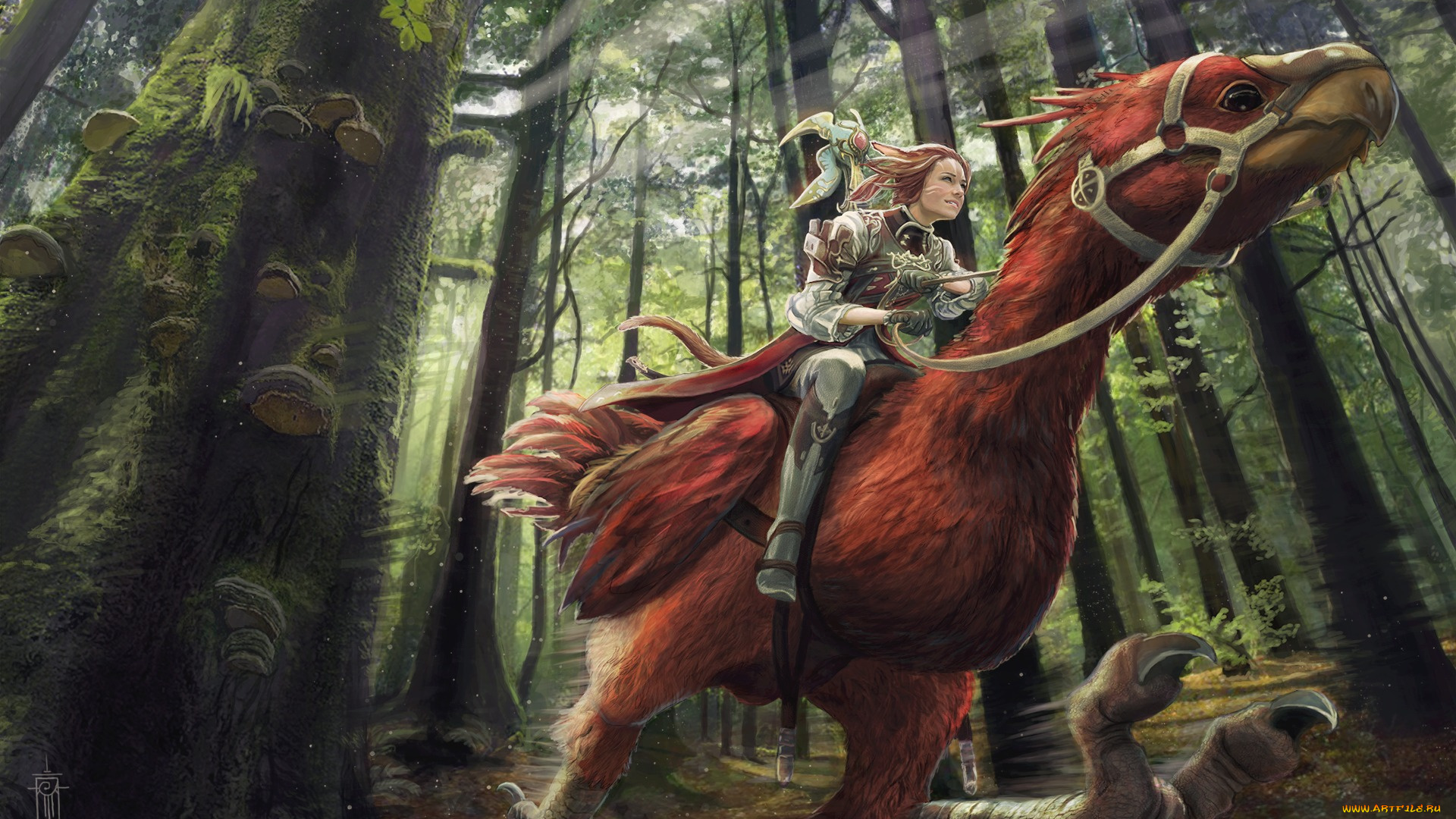 фэнтези, красавицы, и, чудовища, девушка, птица, деревья, лес, арт, транспорт