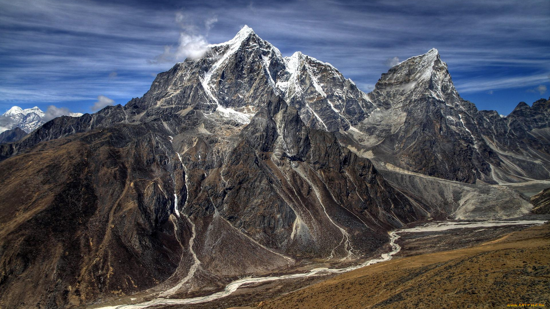 природа, горы, скалы, облака, река