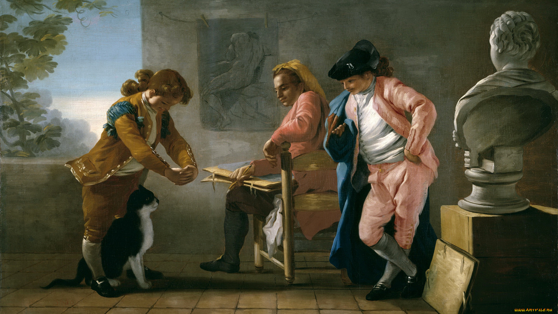 рисованное, живопись, жанровая, картина, дети, играют, с, кошкой, или, мастерская, художника, jose, del, castillo