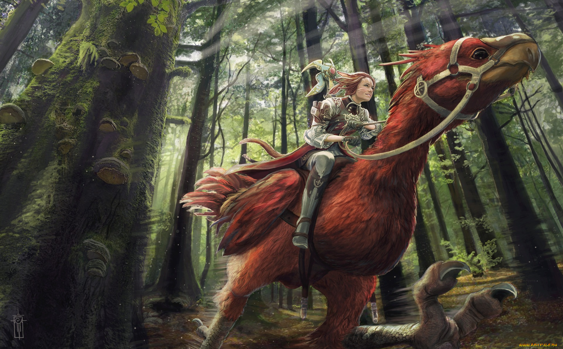фэнтези, красавицы, и, чудовища, девушка, птица, деревья, лес, арт, транспорт