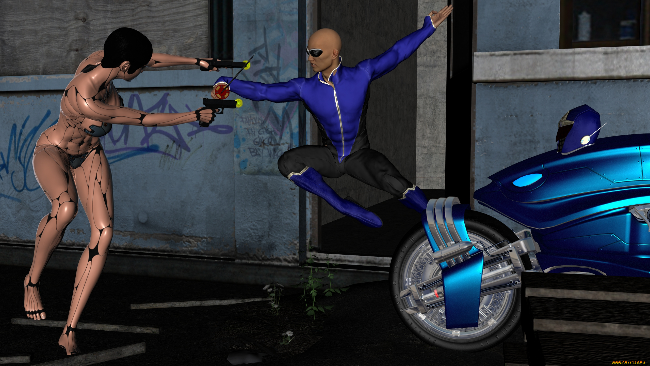 3д, графика, _science, fiction, мужчина, киллер, оружие, взгляд, девушка, фон