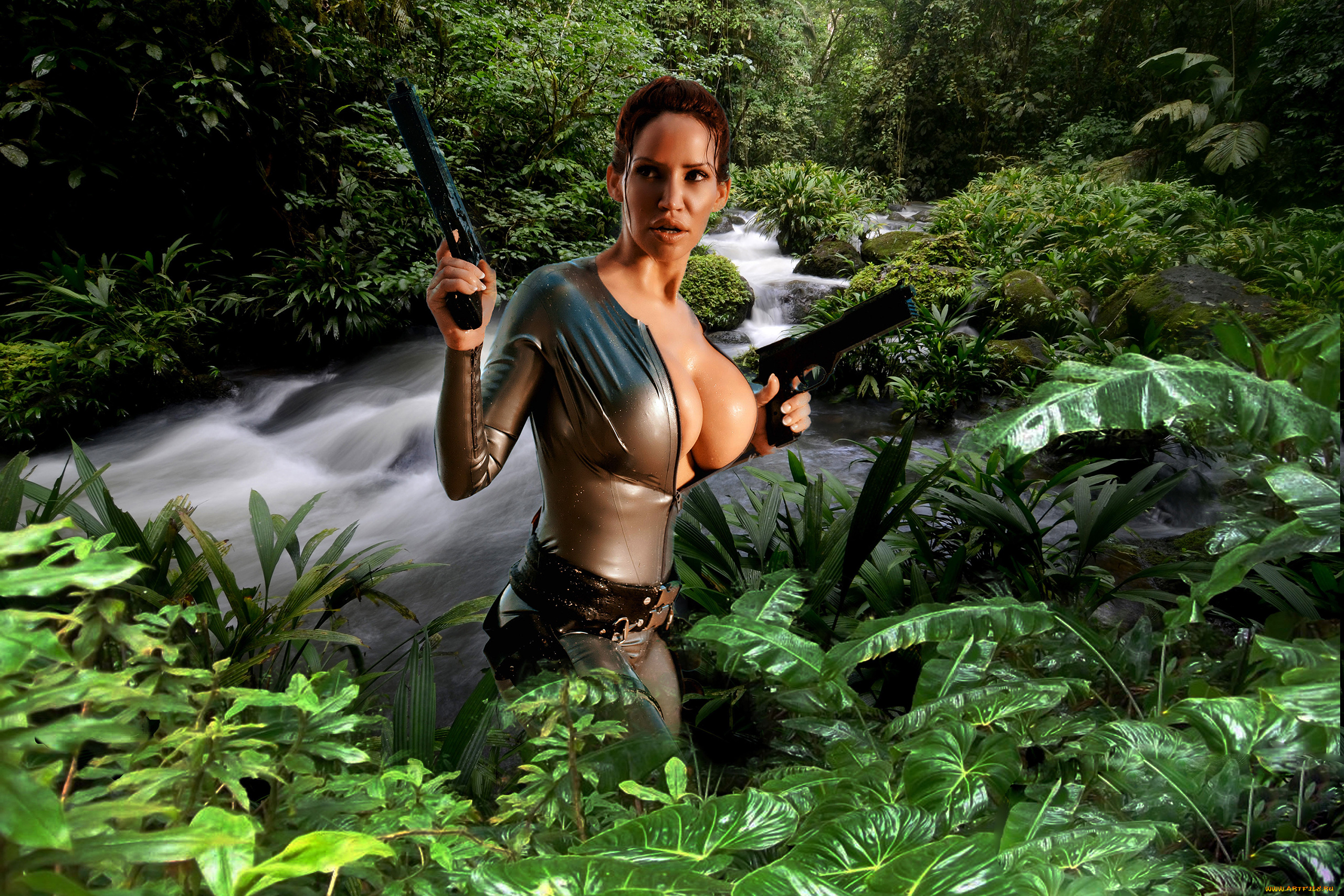 bianca, beauchamp, девушки, bianca, beauchamp, lara, croft, девушка, модель, рыжеволосая, джунгли, тропики, пистолеты, природа