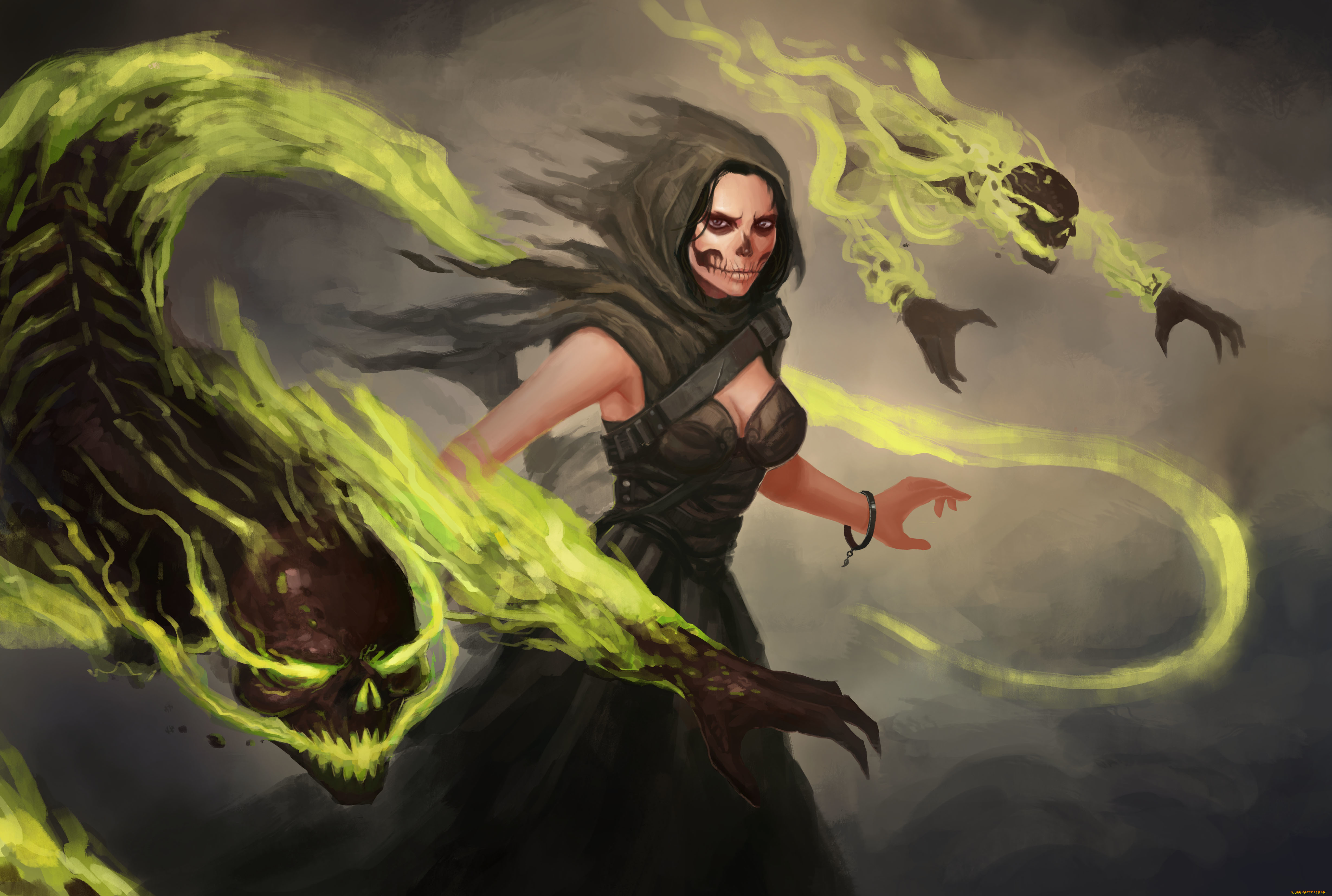 фэнтези, нежить, by, draktvin, зеленое, пламя, духи, колдунья, черепа, некромант, девушка, necrogirl, fantasy, рисунок, арт, art