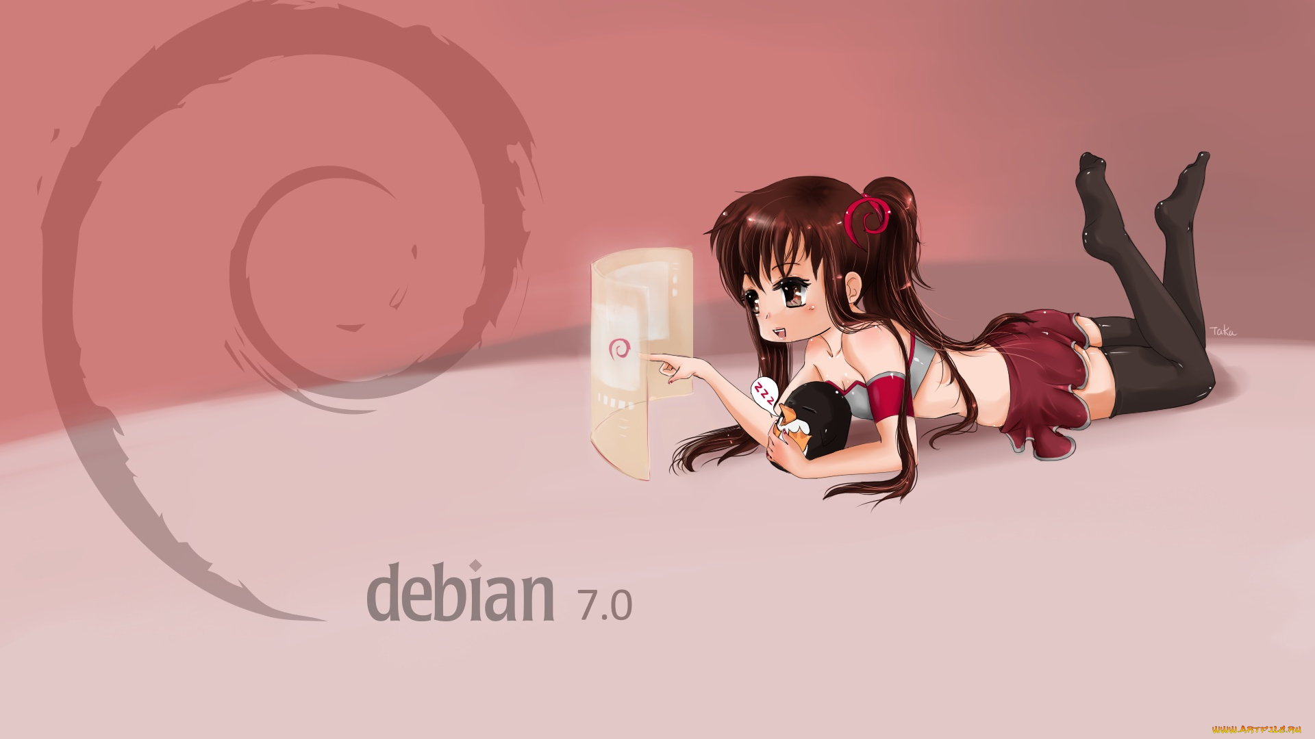 компьютеры, debian, девушка, логотип, взгляд, фон