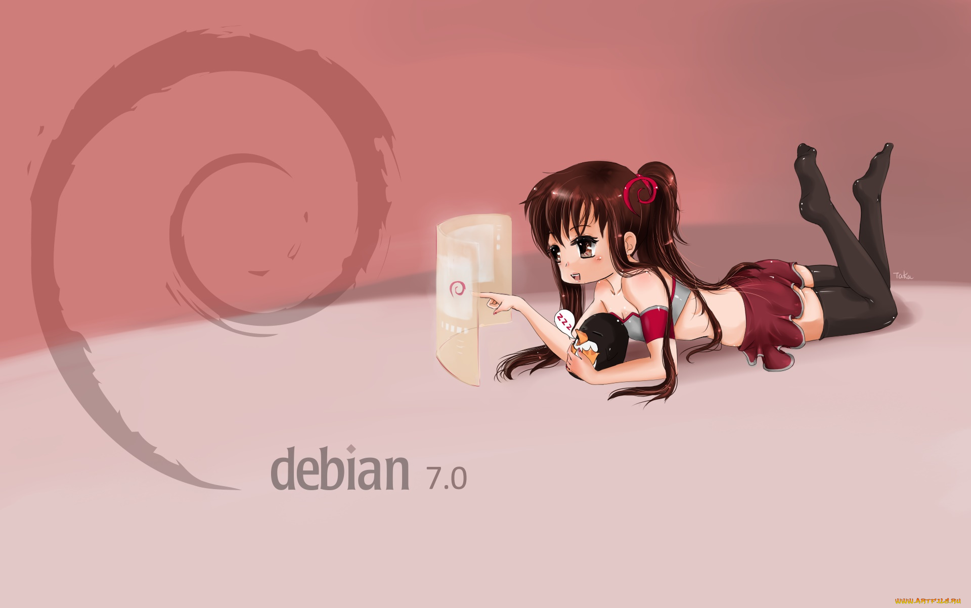 компьютеры, debian, девушка, логотип, взгляд, фон
