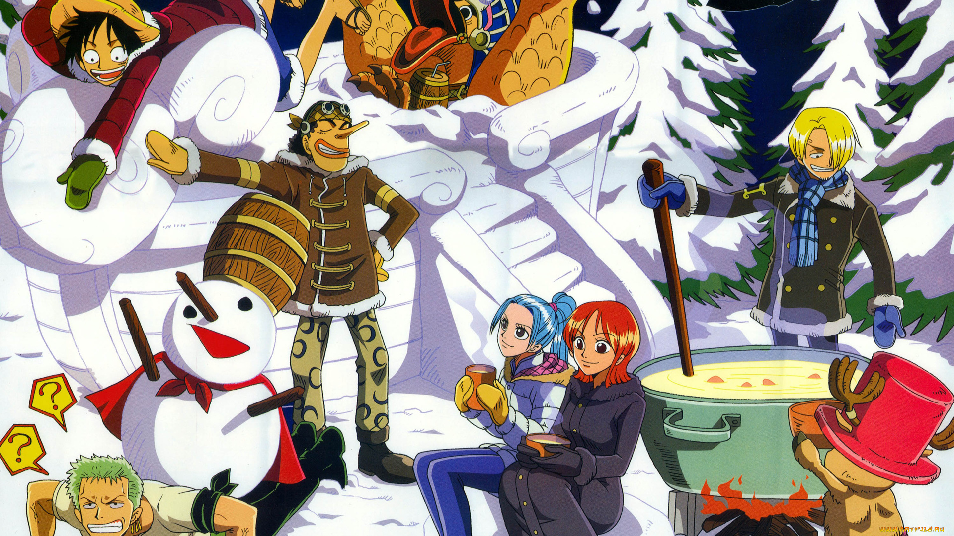 аниме, one, piece, снеговик, зима, снег, котел