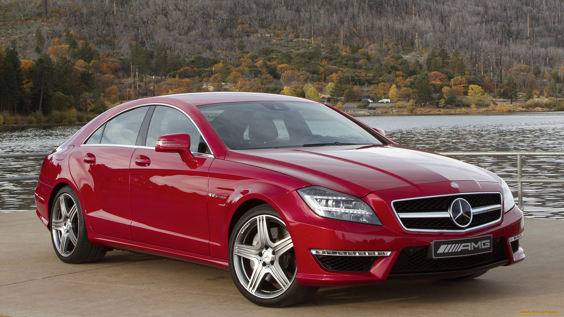 автомобили, mercedes-benz, осень, мерседес, лес, озеро, красный