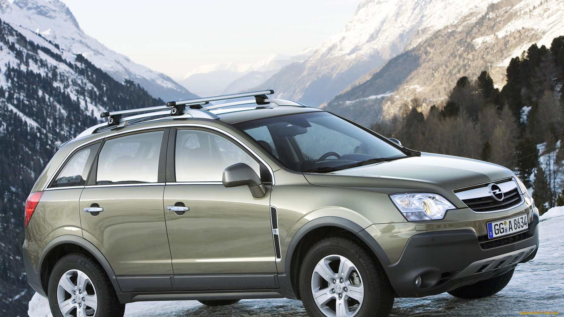 автомобили, opel, горы, оливковый, опель, снег, деревья
