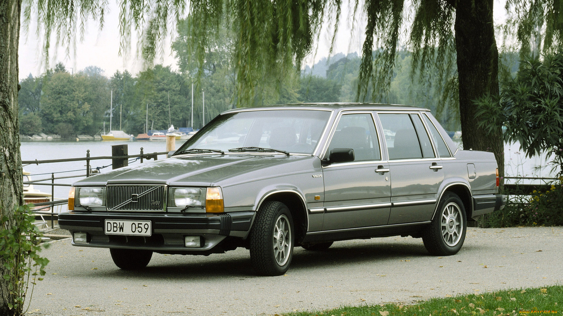 автомобили, volvo, вольво, серый, озеро, деревья