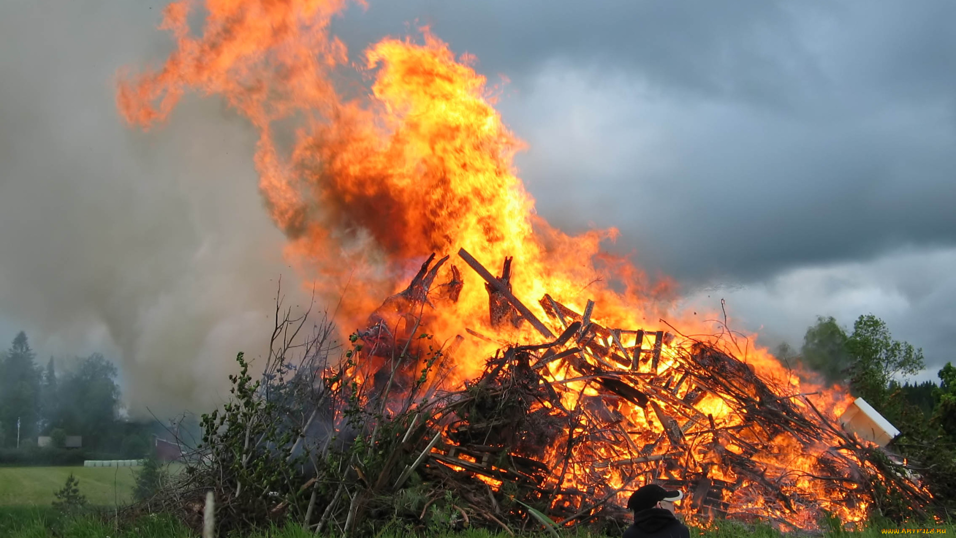 природа, огонь, трава, человек, костер