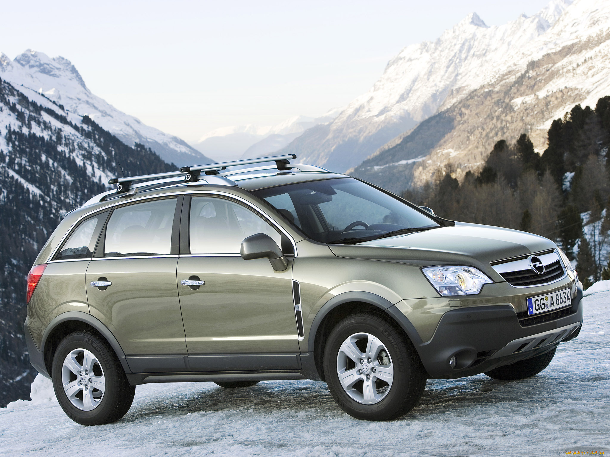 автомобили, opel, горы, оливковый, опель, снег, деревья