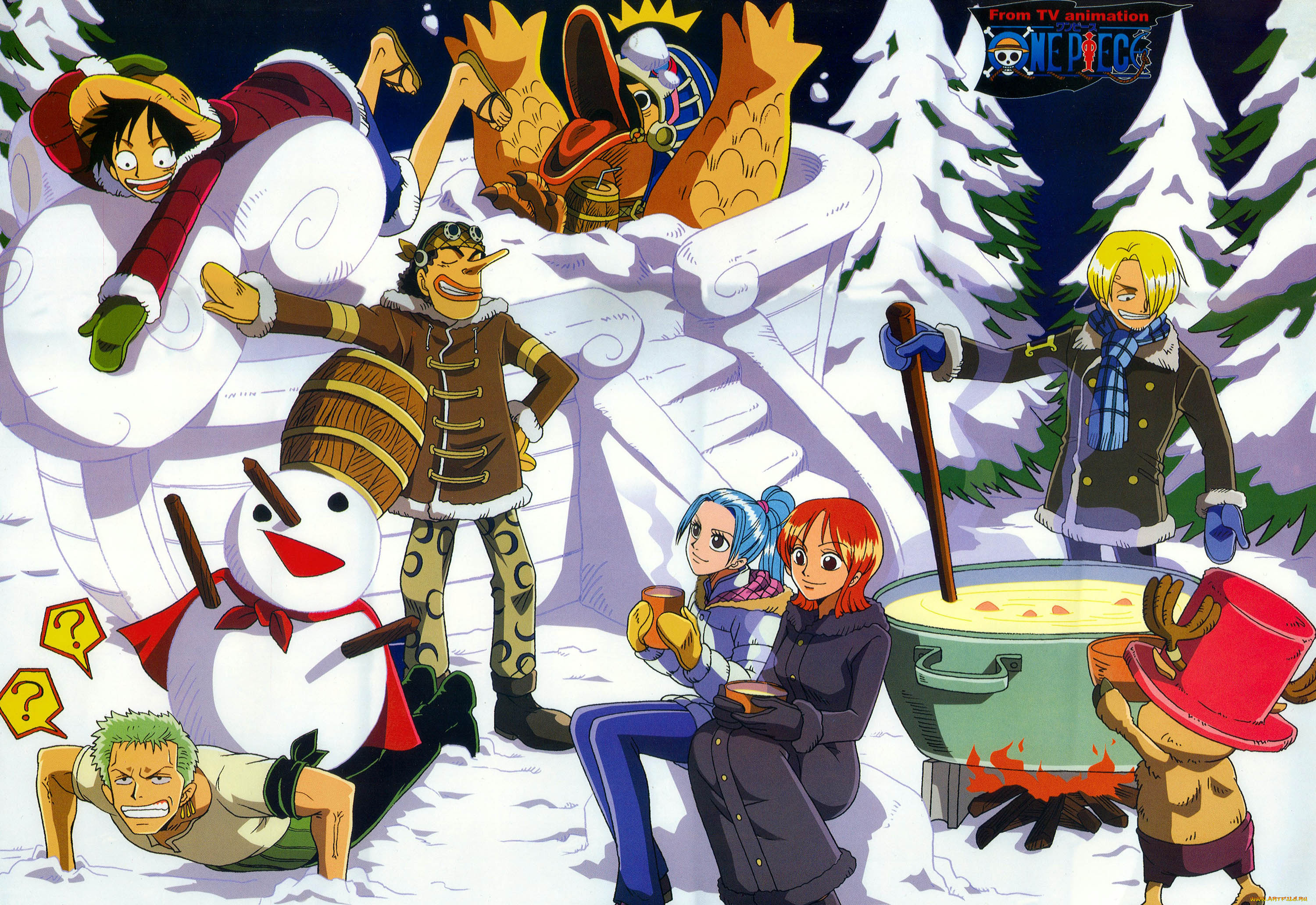 аниме, one, piece, снеговик, зима, снег, котел