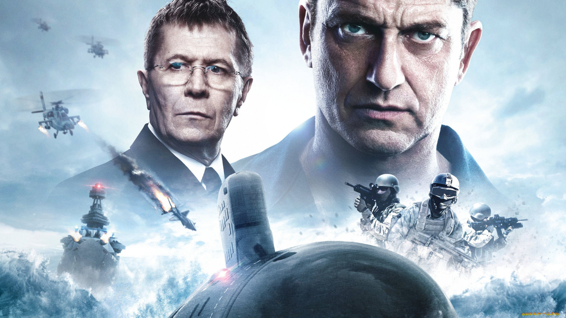 hunter, killer, , 2018, кино, фильмы, hunter, killer, промо, постер, боевик, триллер, главные, герои, джерард, батлер, гари, олдман, командир, джо, гласс, адмирал, чарльз, доннеган