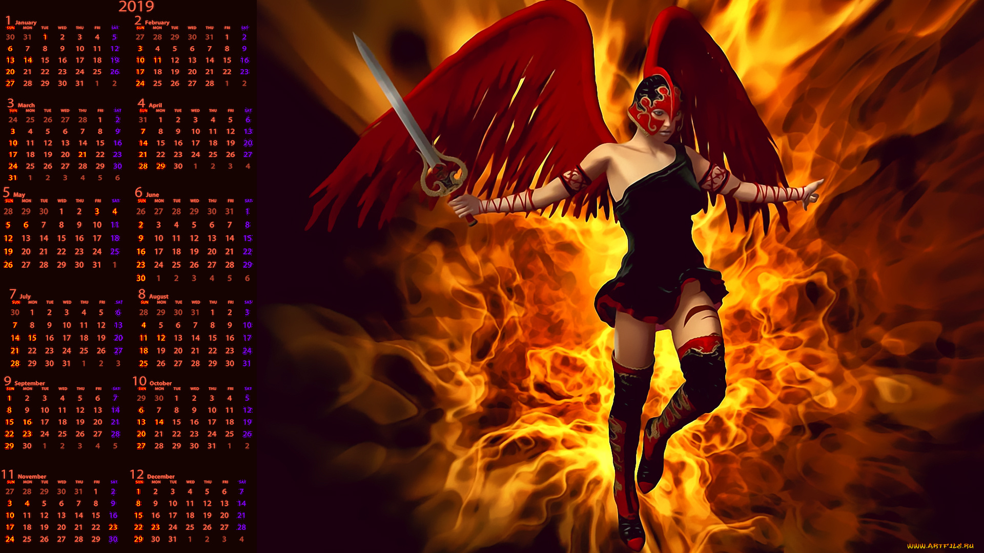 календари, фэнтези, огонь, воительница, оружие, шлем, девушка, пламя