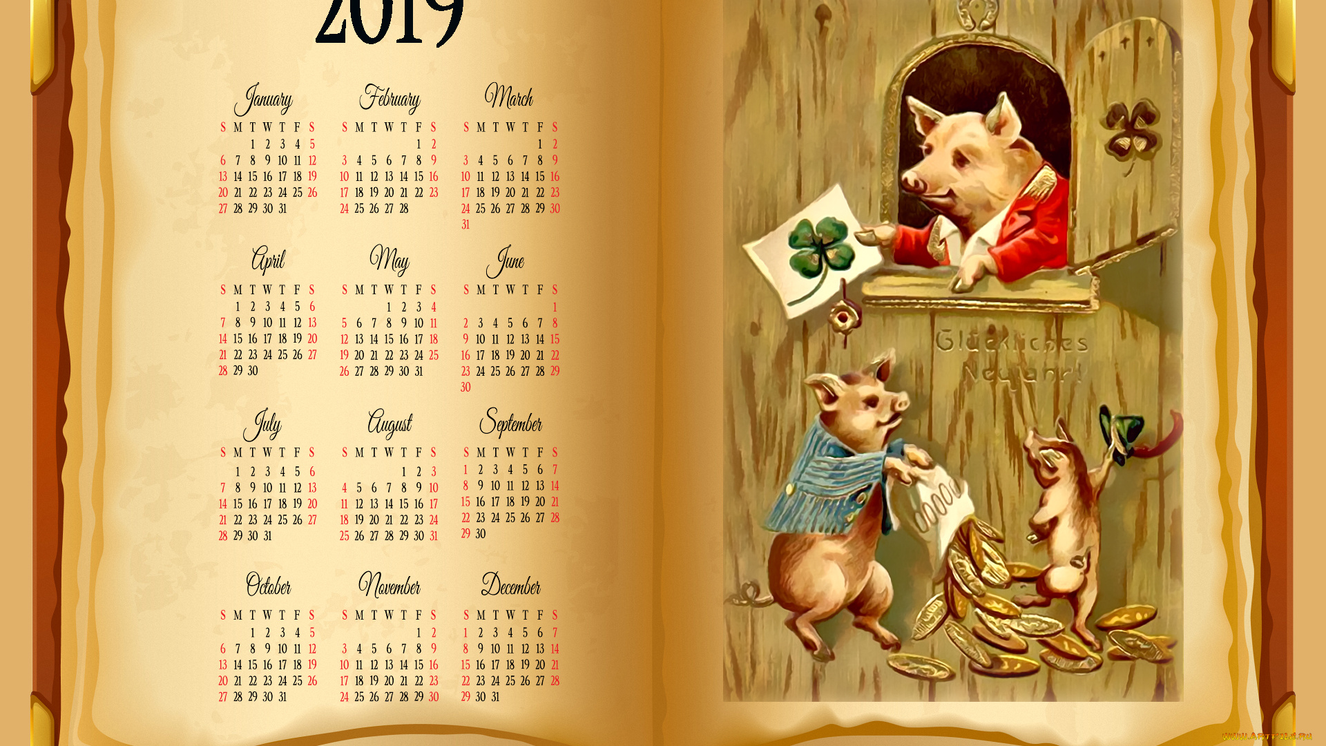 календари, рисованные, , векторная, графика, книга, поросенок, монета, свинья