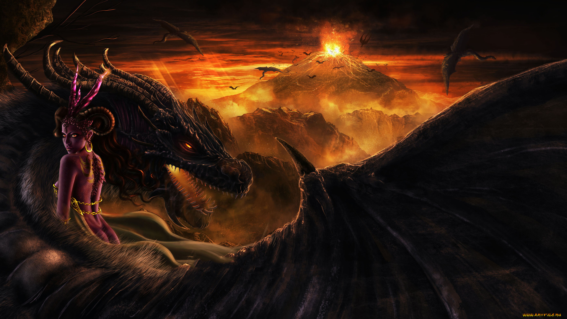 фэнтези, драконы, девушка, фон, взгляд, дракон, вулкан