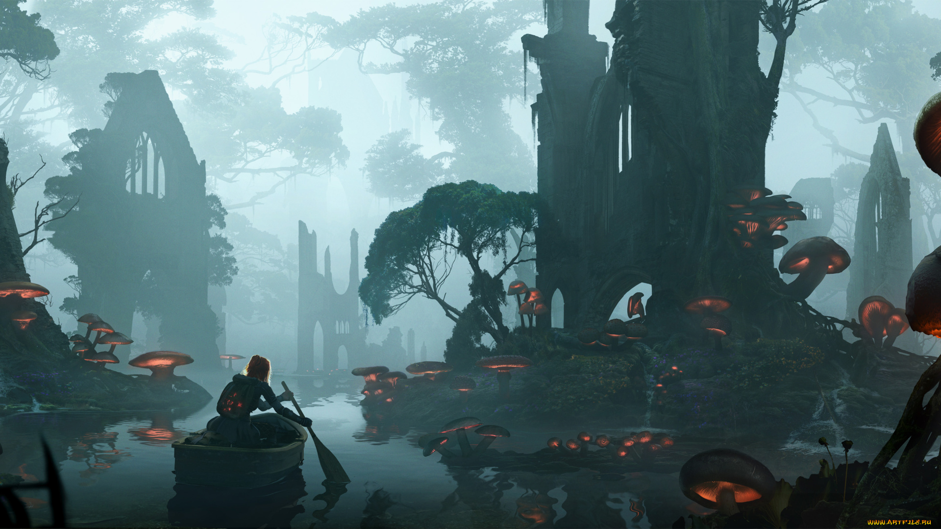 фэнтези, иные, миры, , иные, времена, девушка, фон, лодка, грибы, стена, деревья