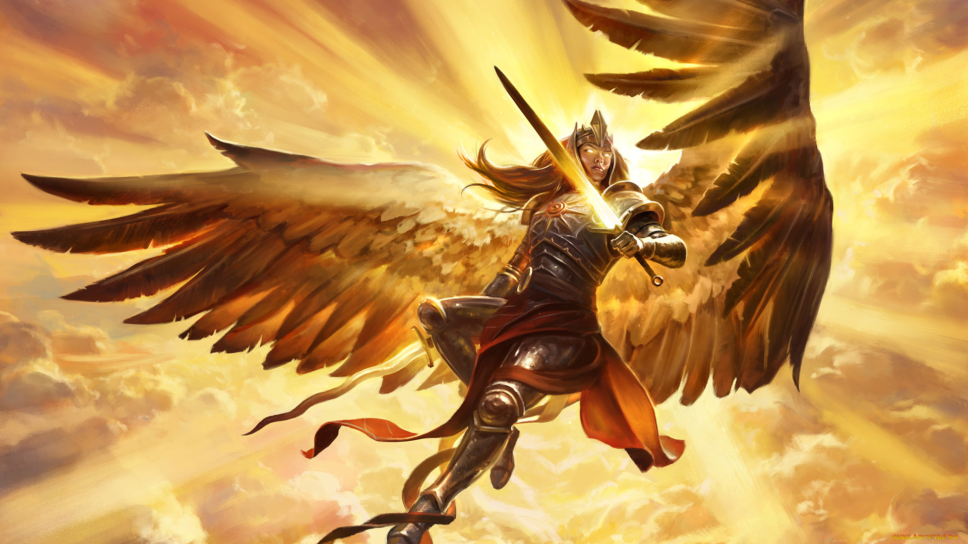 magic, , the, gathering, -, amonkhet, видео, игры, девушка, фон, крылья, меч, латы