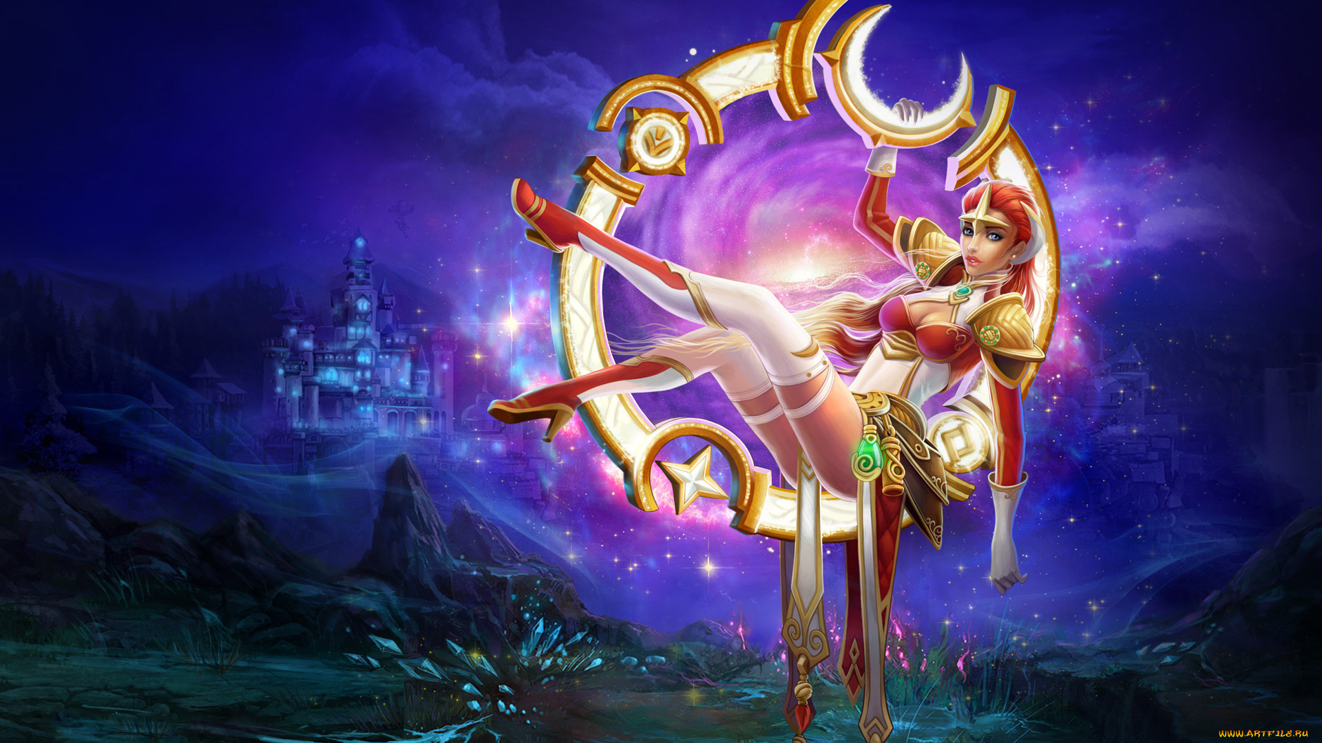 prime, world, видео, игры, девушка, фон, взгляд, платье, замок