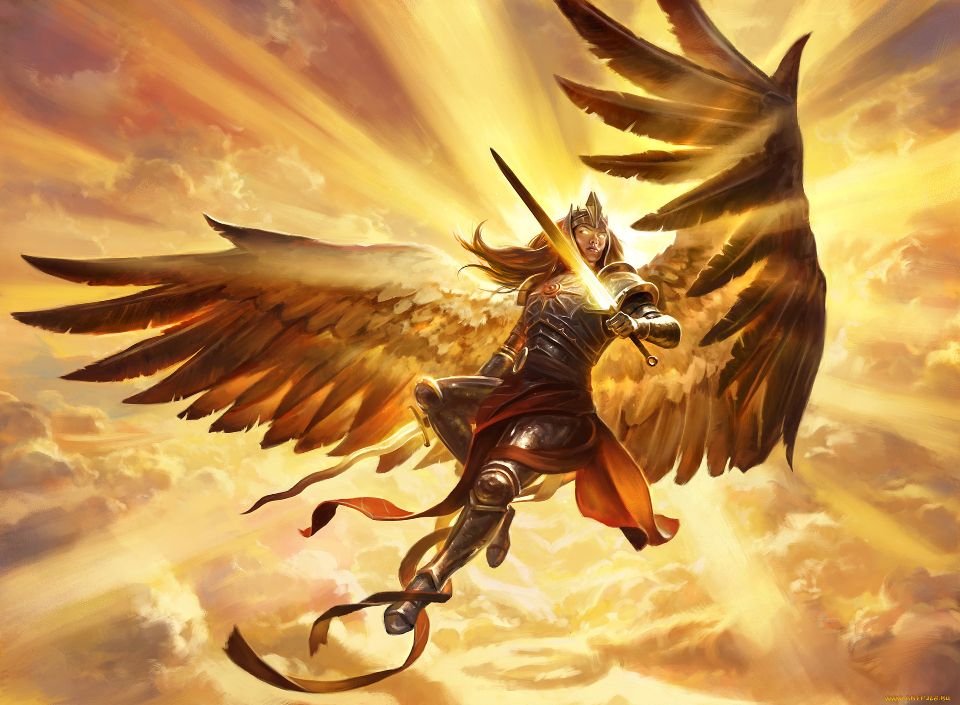 magic, , the, gathering, -, amonkhet, видео, игры, девушка, фон, крылья, меч, латы