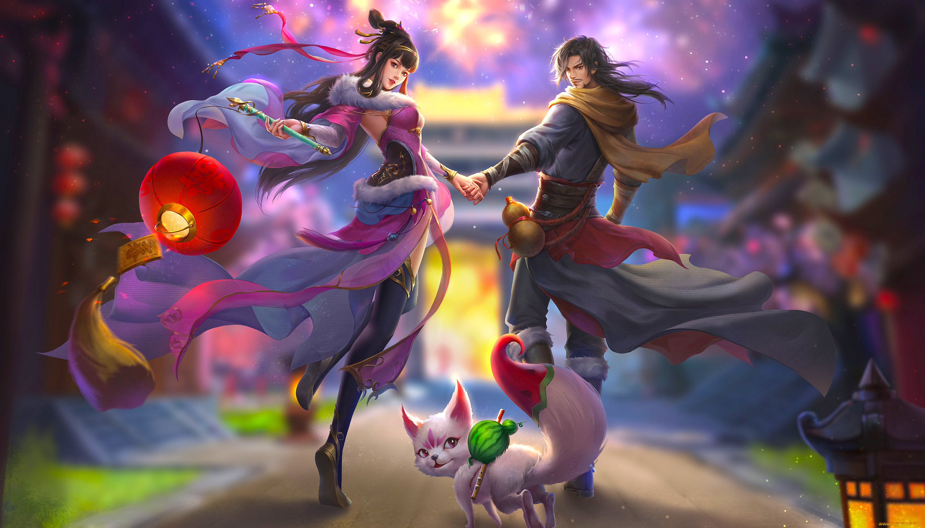 фэнтези, люди, девушка, мужчина, фон, взгляд, кот