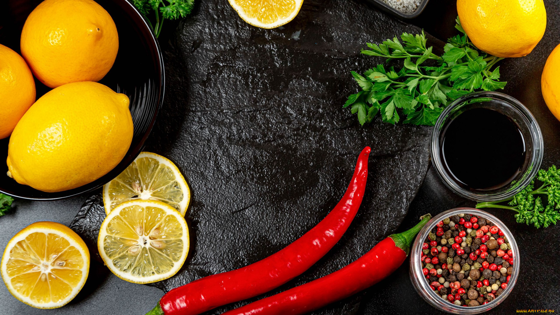 еда, фрукты, и, овощи, вместе, лимоны, перец, петрушка