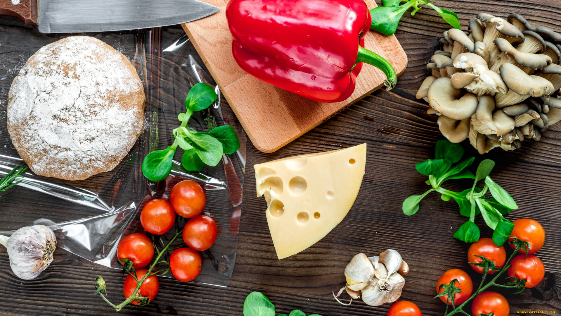 еда, разное, грибы, помидоры, хлеб, сыр, перец, чеснок