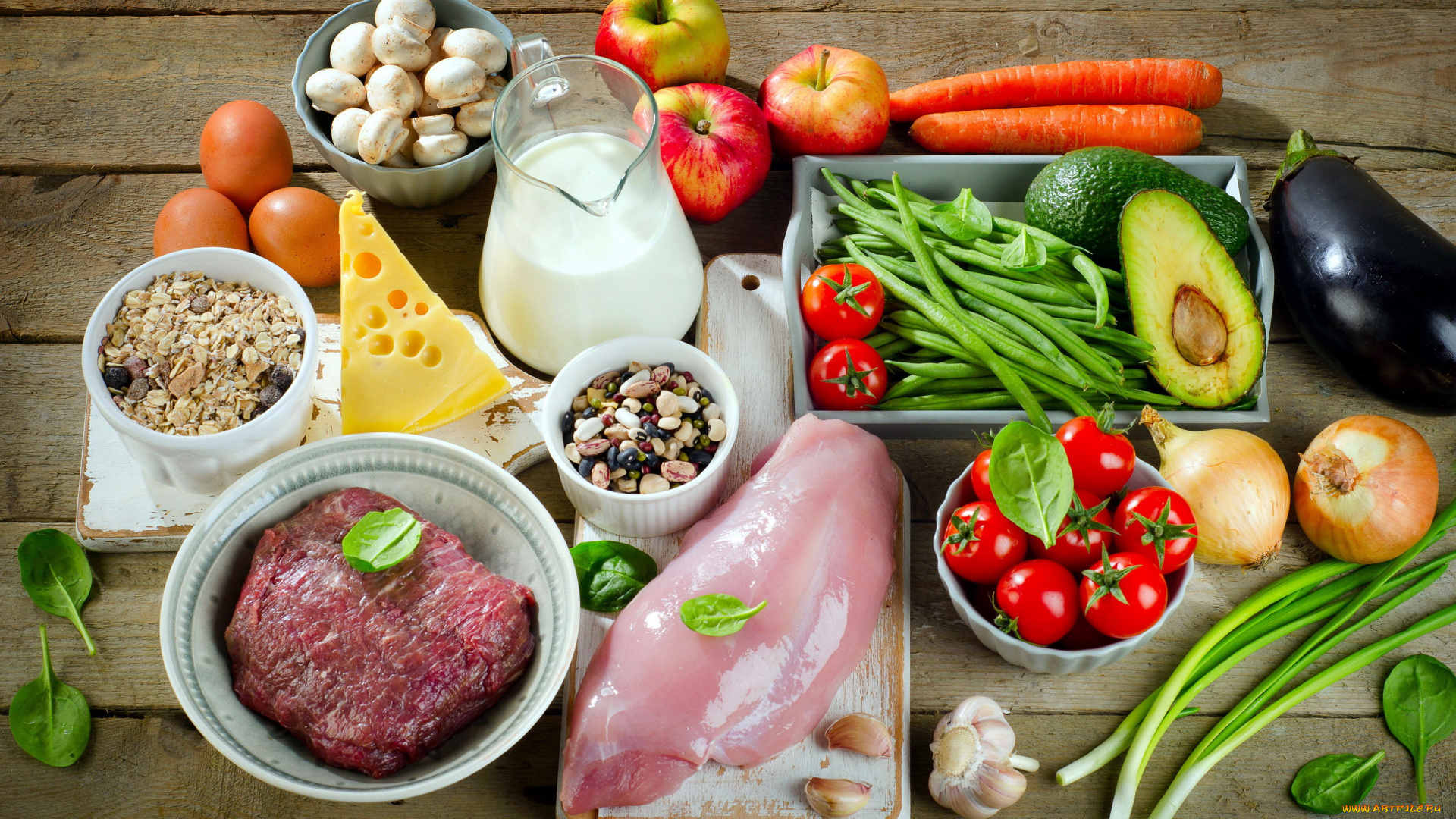 еда, разное, овощи, фрукты, мясо, сыр, молоко