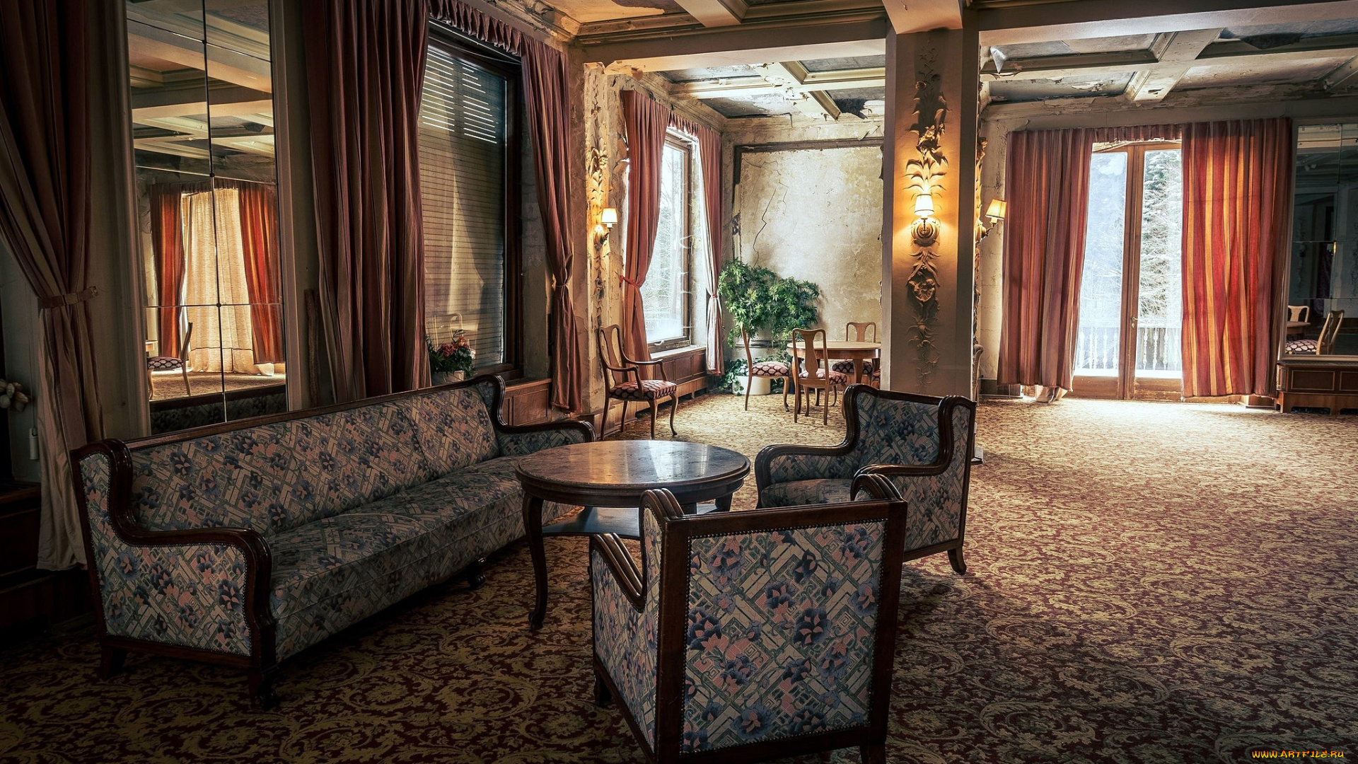 интерьер, гостиная, лампы, диван, кресла