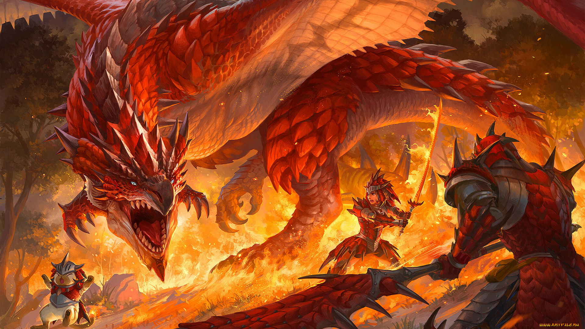 видео, игры, monster, hunter, дракон, рыцари, огонь