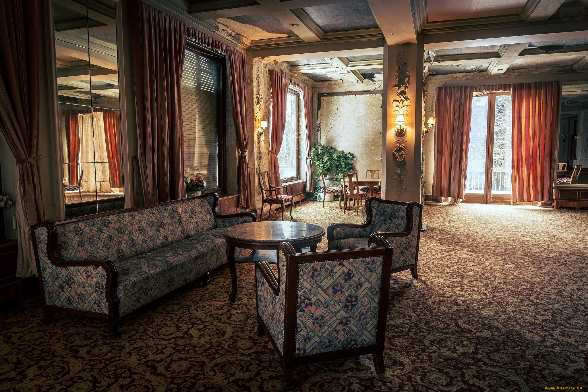 интерьер, гостиная, лампы, диван, кресла