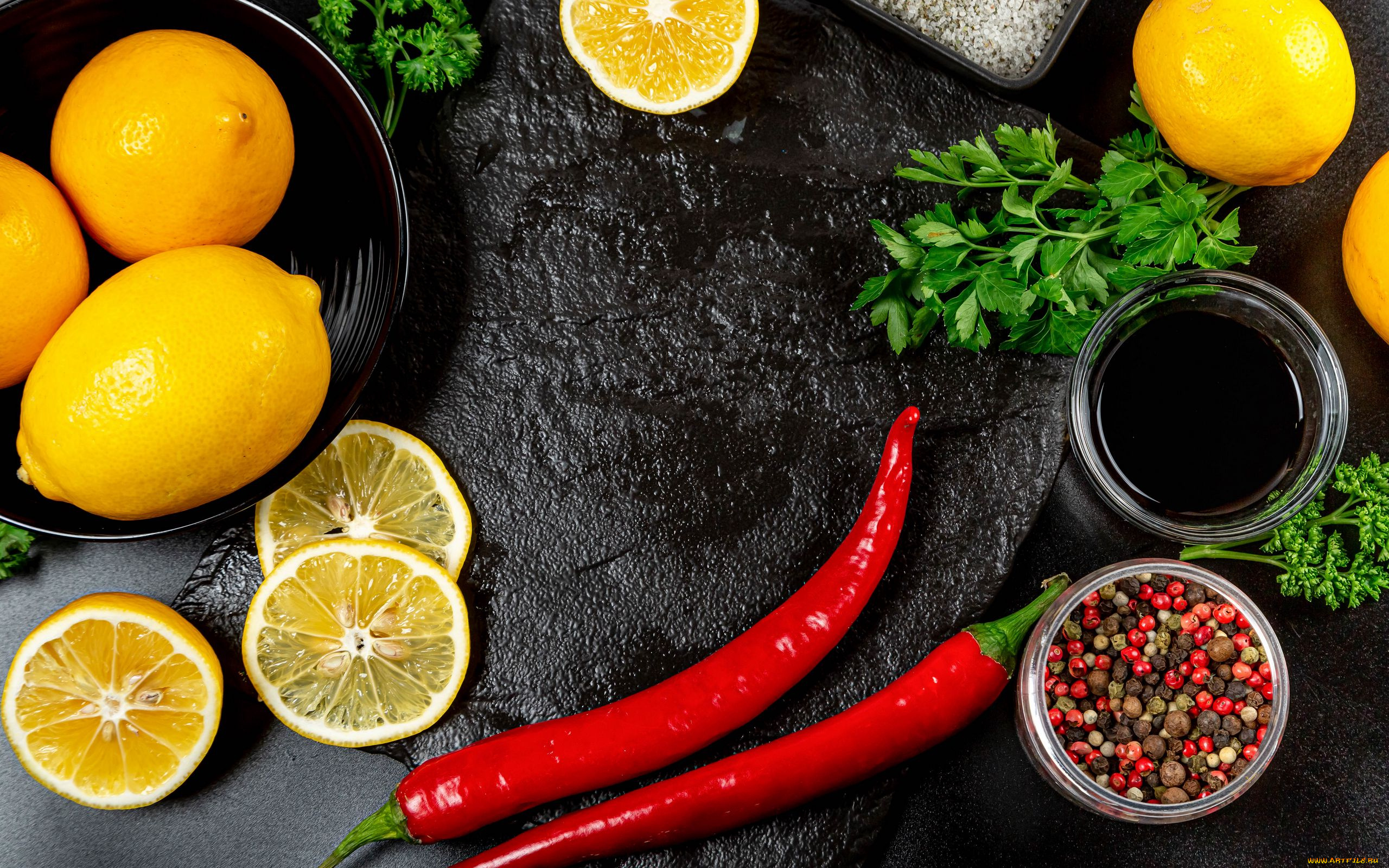 еда, фрукты, и, овощи, вместе, лимоны, перец, петрушка