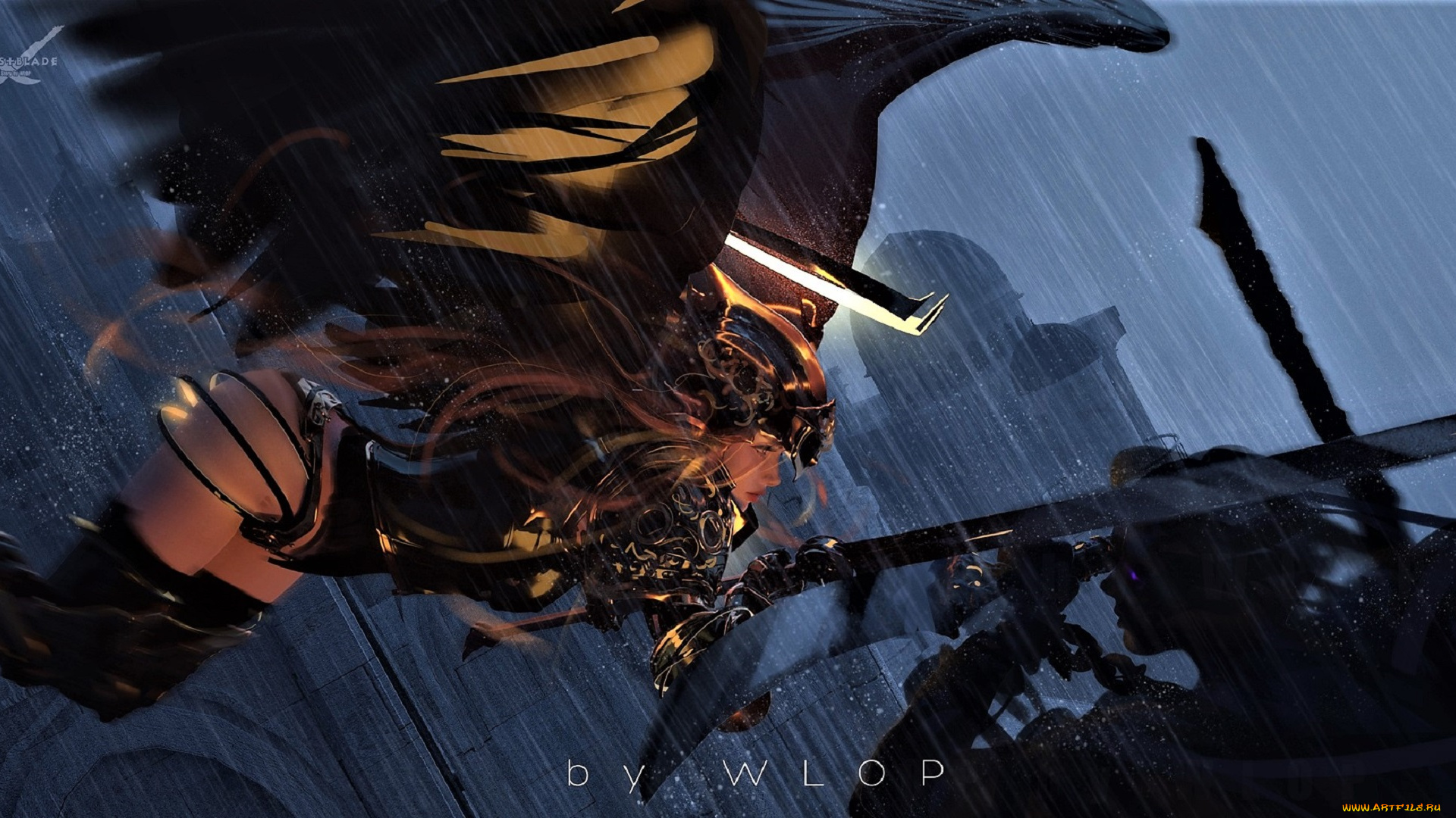 фэнтези, _ghost, blade, , , призрачный, клинок, девушка, крылья, оружие, дождь