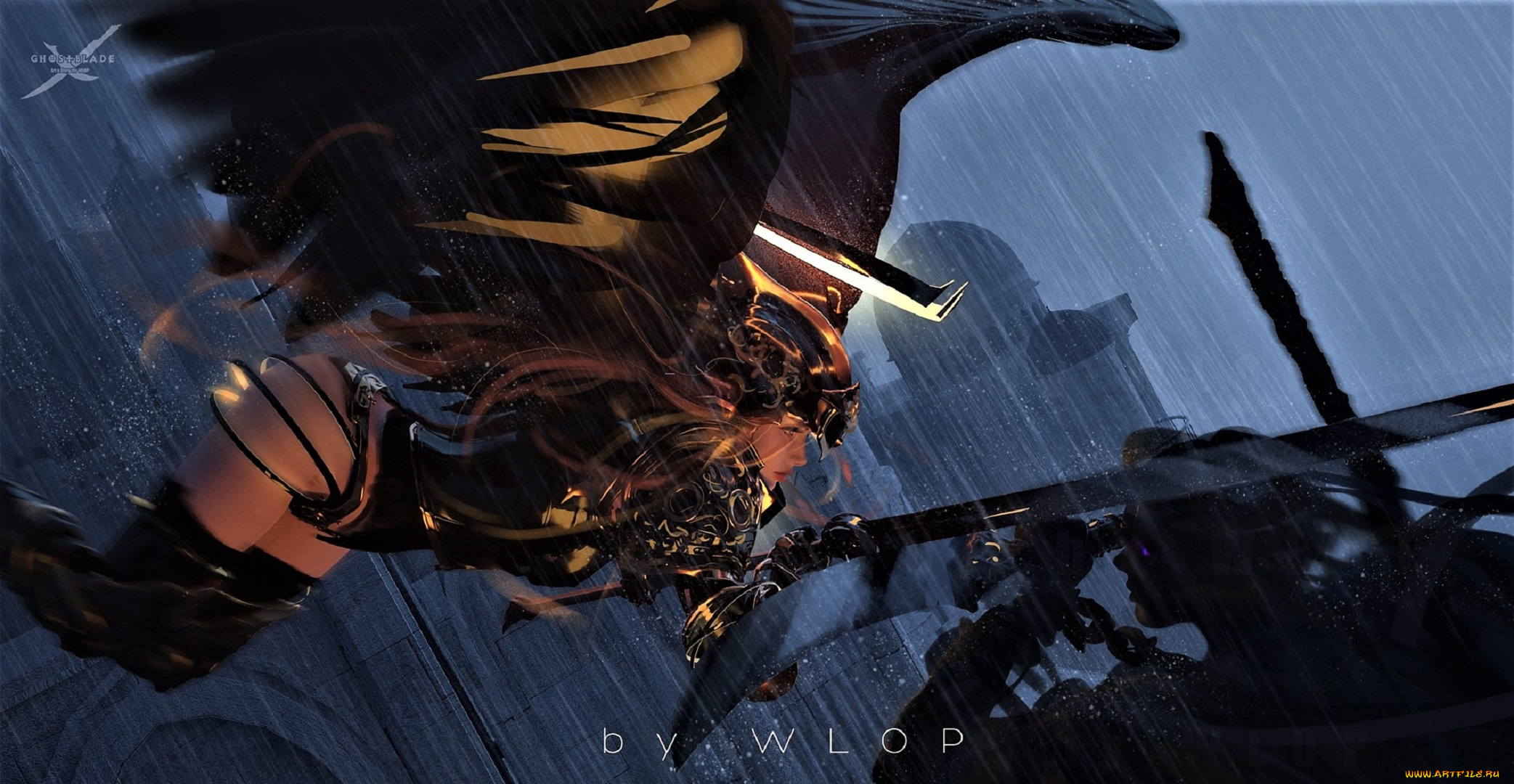 фэнтези, _ghost, blade, , , призрачный, клинок, девушка, крылья, оружие, дождь