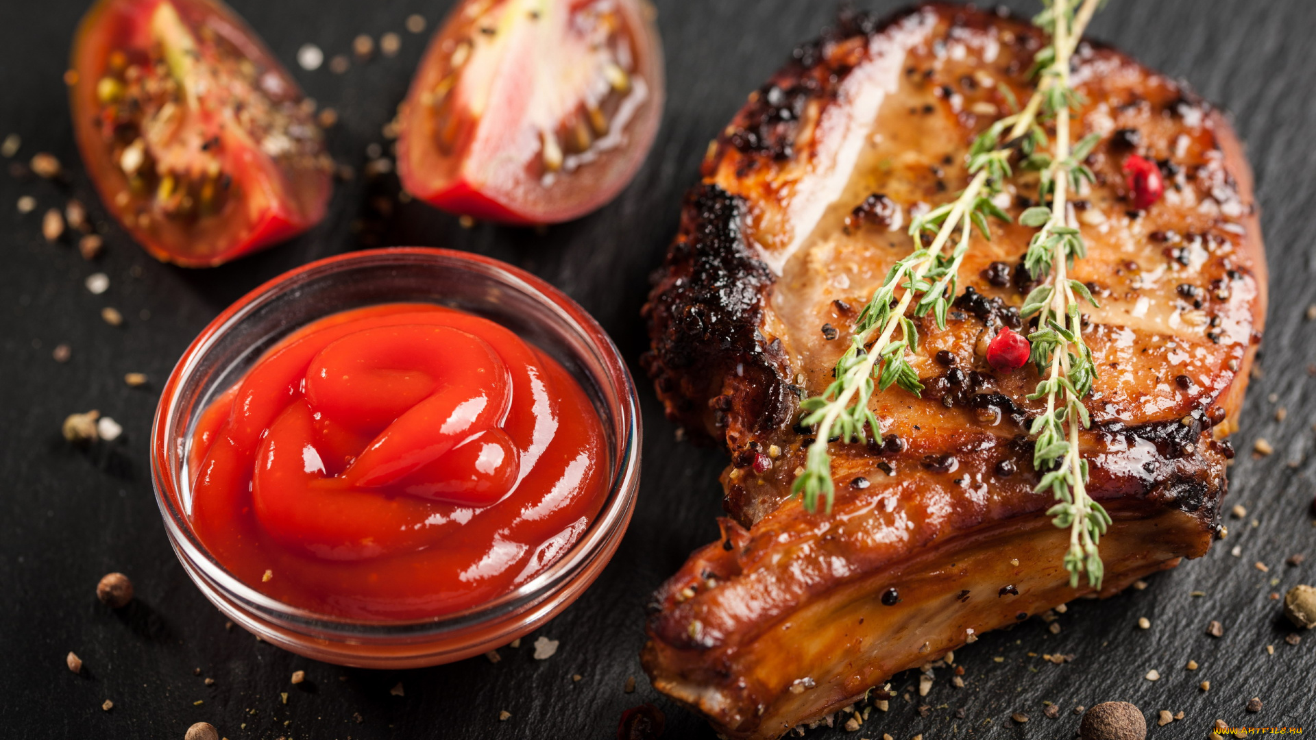 еда, мясные, блюда, розмарин, стейк, помидор, кетчуп