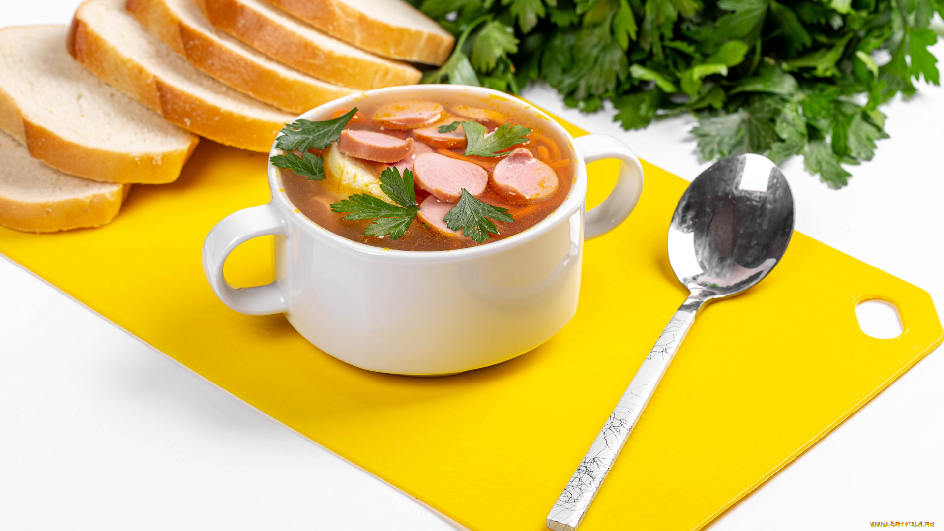 еда, первые, блюда, петрушка, батон, суп, сосиски