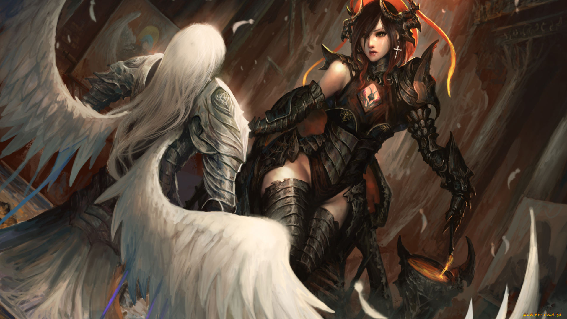 фэнтези, существа, девушки, фон, униформа, ангел, демон