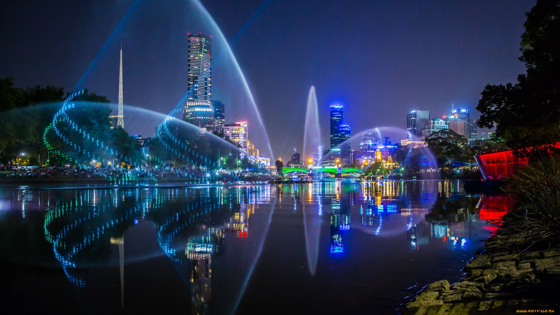 города, мельбурн, , австралия, мельбурн, ночь, фонтаны, иллюминация