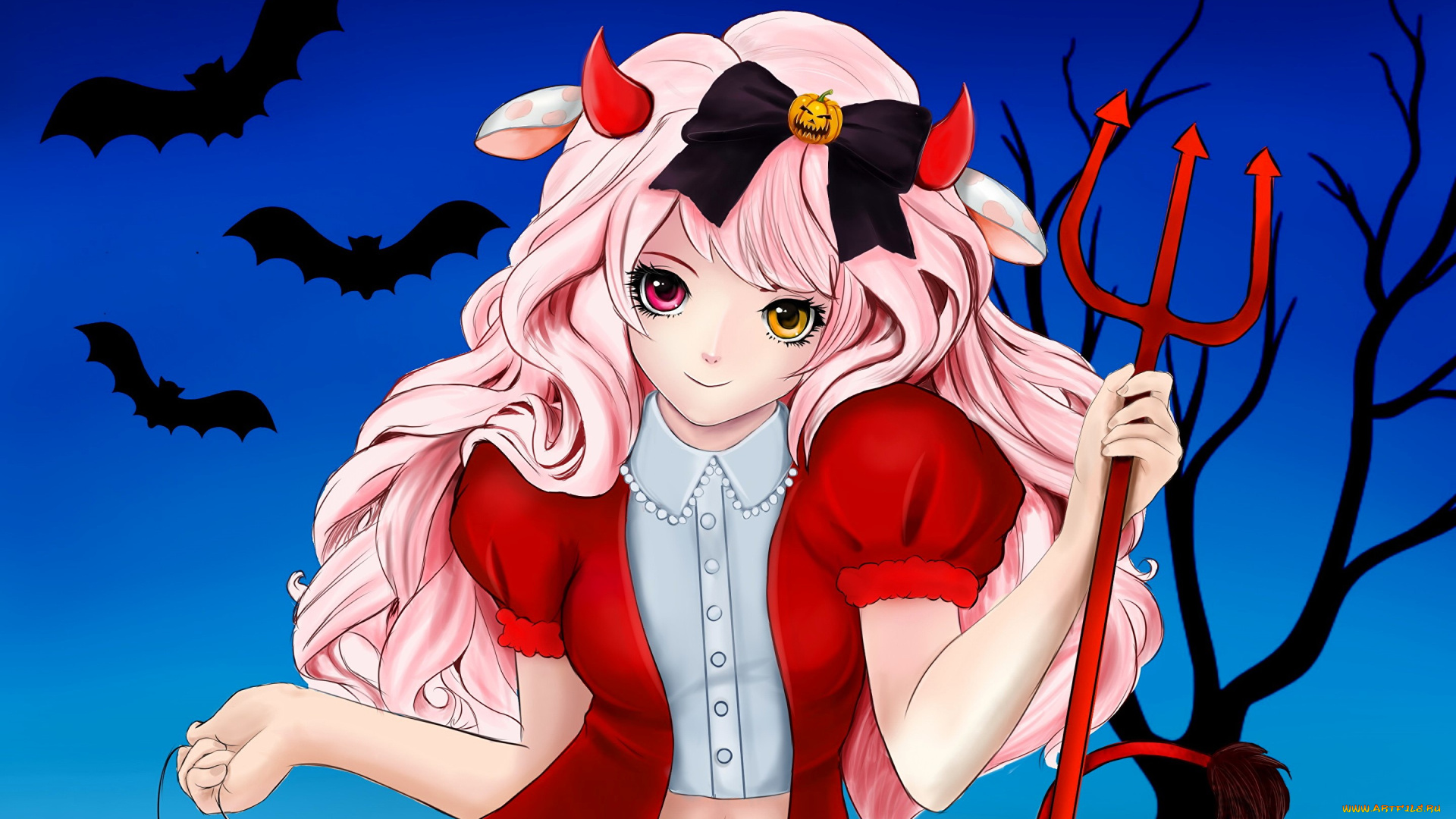 аниме, магия, , колдовство, , halloween, девушка, трезубец, летучие, мыши