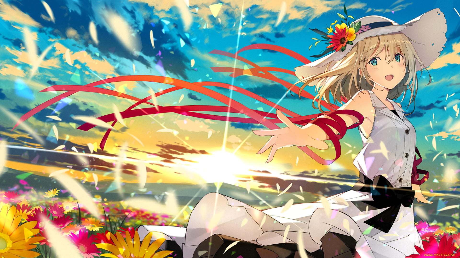 аниме, unknown, , другое, , девушка, шляпа, ленты, цветы