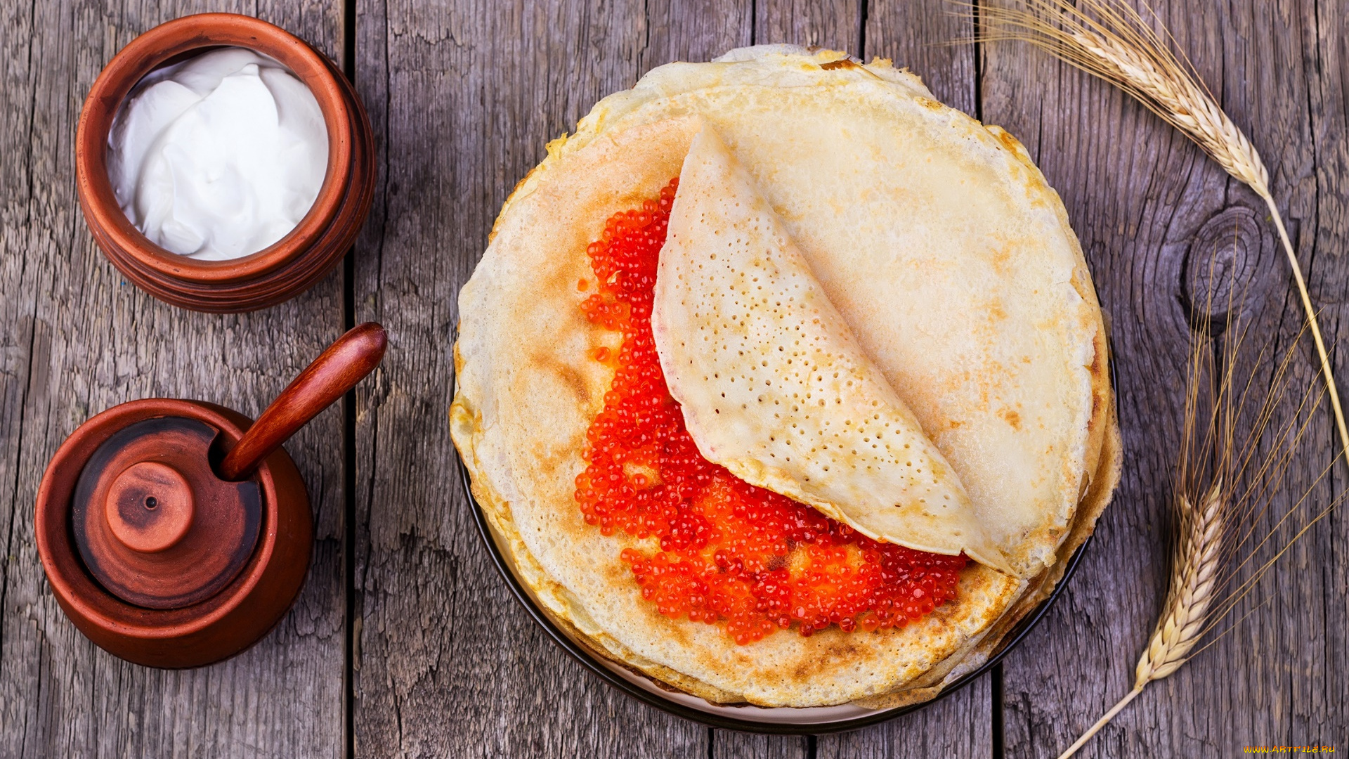 еда, блины, , оладьи, маслeница, икра, пшеница, деревянная, поверхность, русский