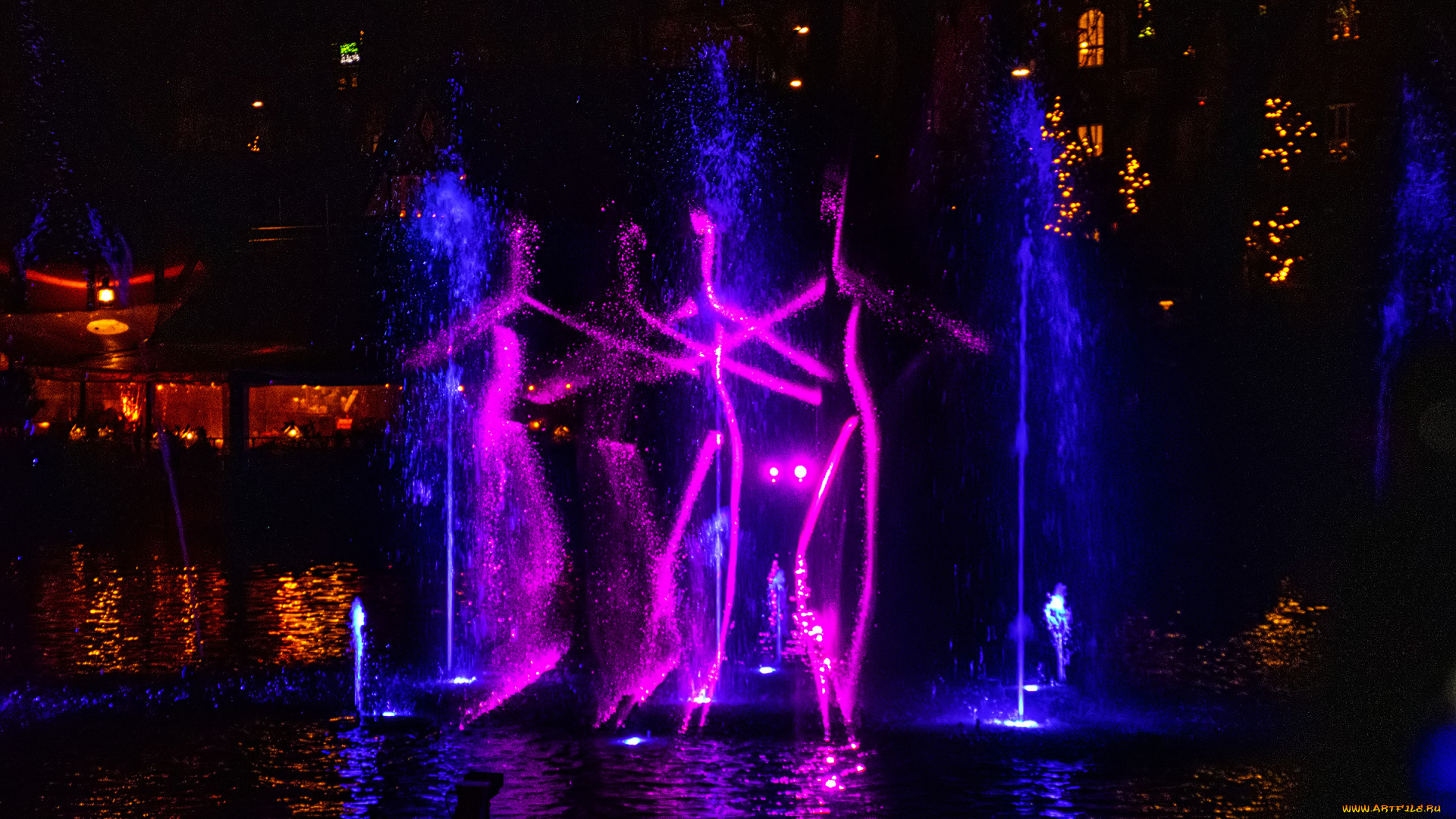 разное, иллюминация, фонтан, огни