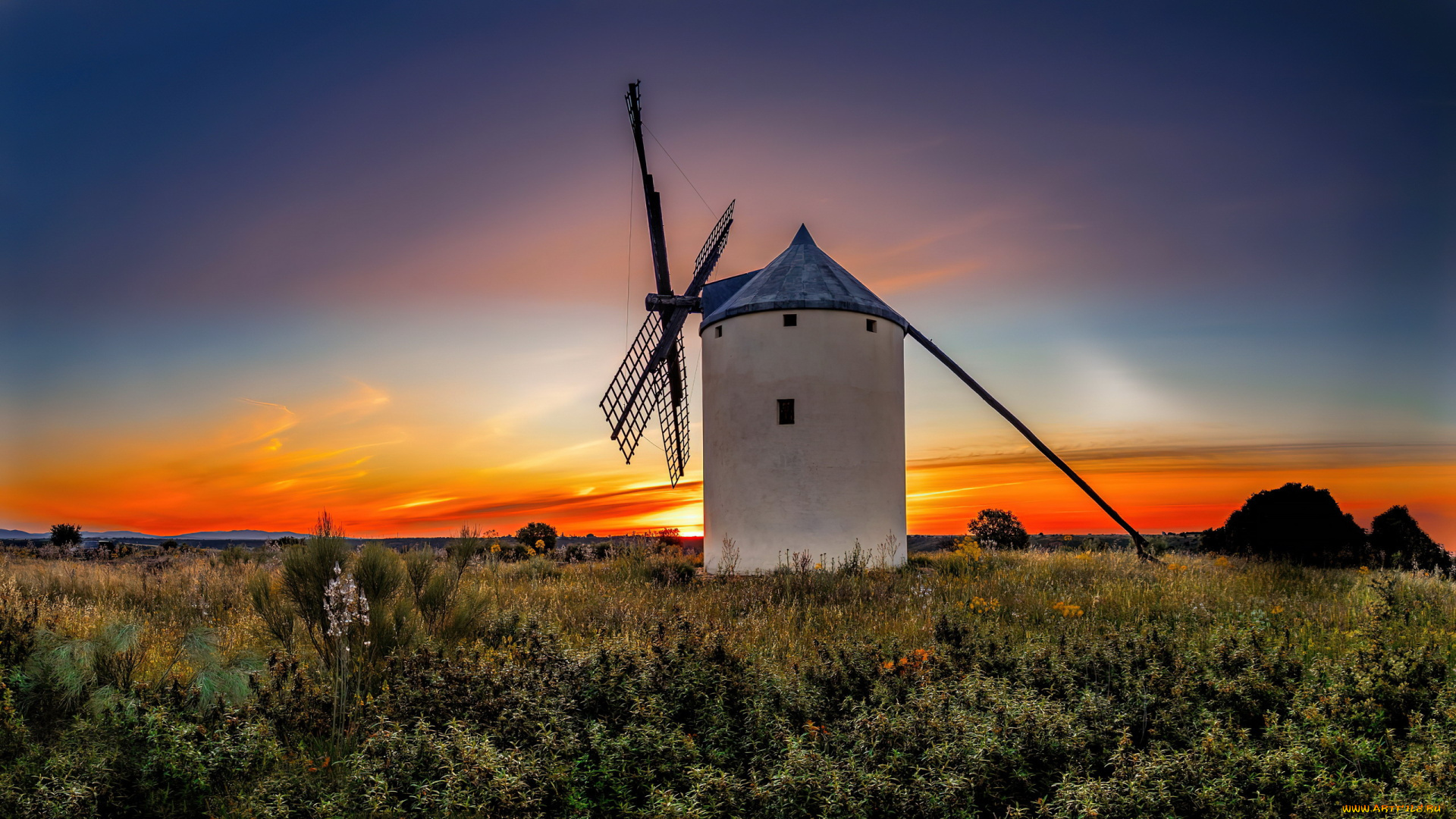 разное, мельницы, закат, мельница, луг
