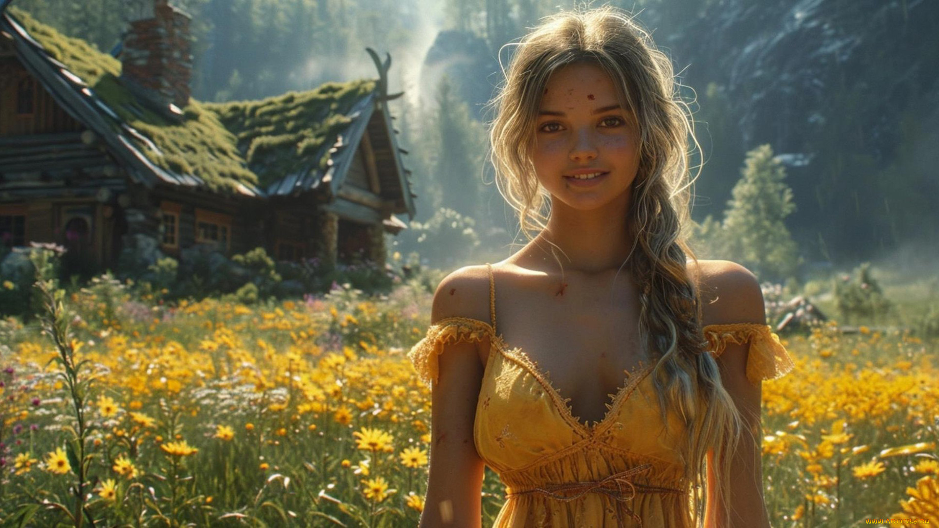 рисованное, люди, нейросети, графика, нейроарт, ai, art, нейронные, сети, рисунки, нейро, искусство, нейрографика, graphics, neuroart, neural, networks, drawings, neuro, neurography, девушка, поле, дом, природа, красота, коса, цветы, желтый, сарафан, улыбка