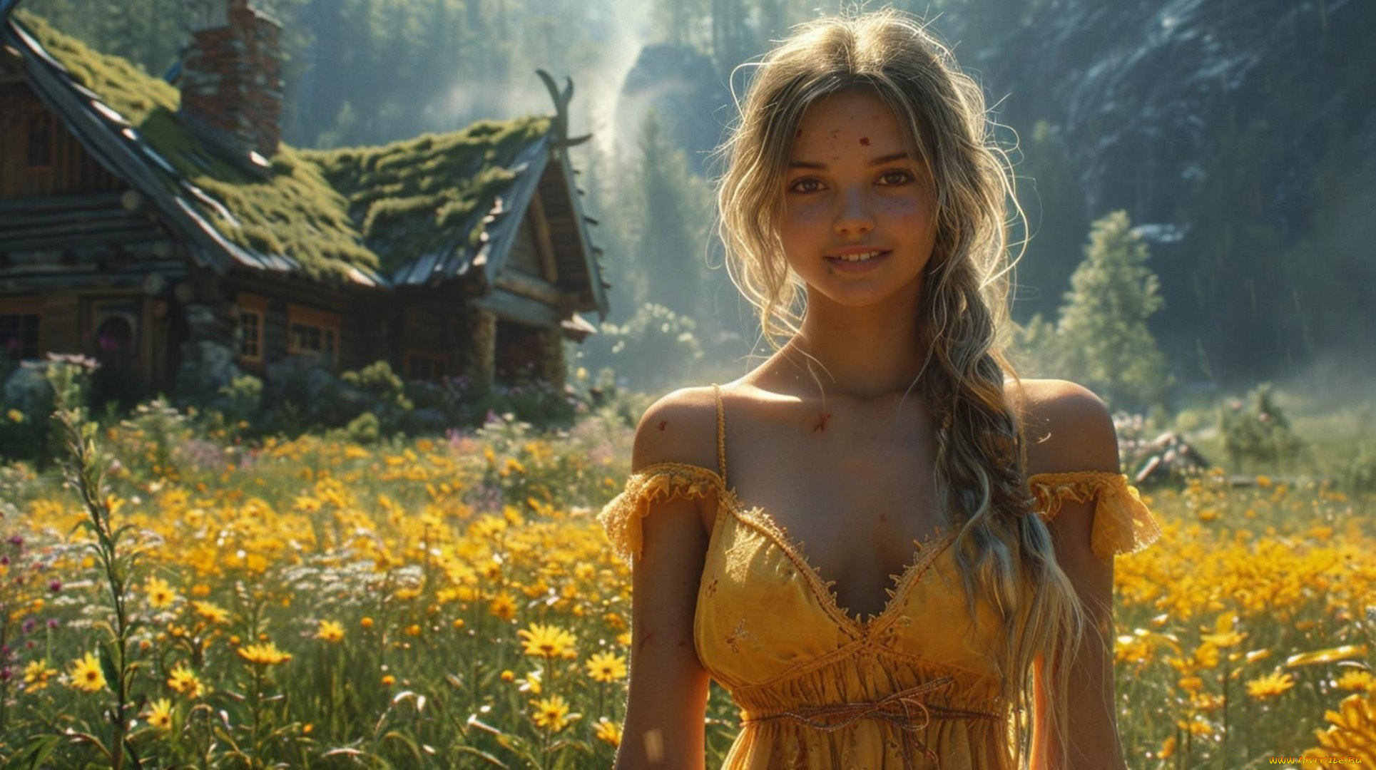 рисованное, люди, нейросети, графика, нейроарт, ai, art, нейронные, сети, рисунки, нейро, искусство, нейрографика, graphics, neuroart, neural, networks, drawings, neuro, neurography, девушка, поле, дом, природа, красота, коса, цветы, желтый, сарафан, улыбка