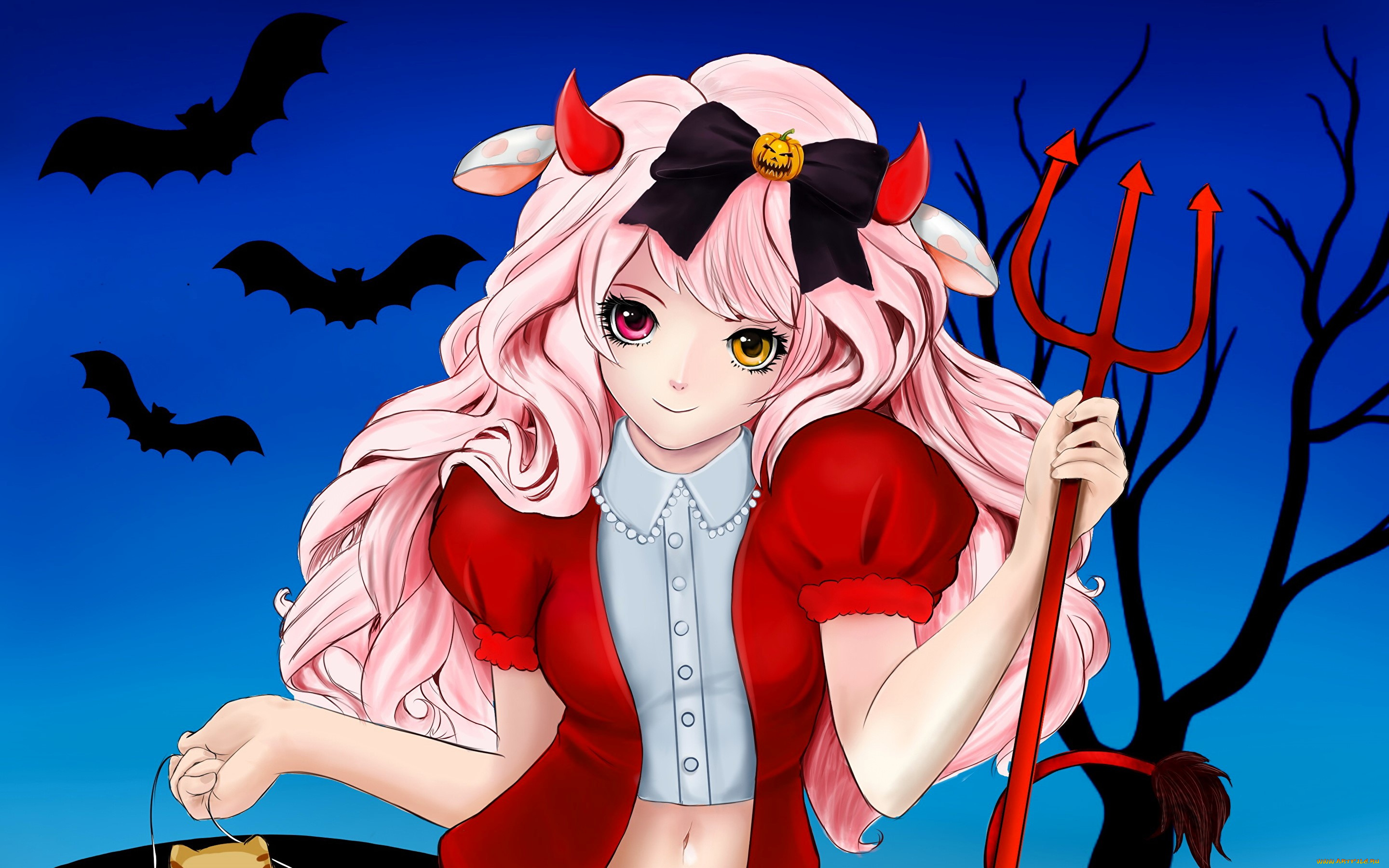 аниме, магия, , колдовство, , halloween, девушка, трезубец, летучие, мыши