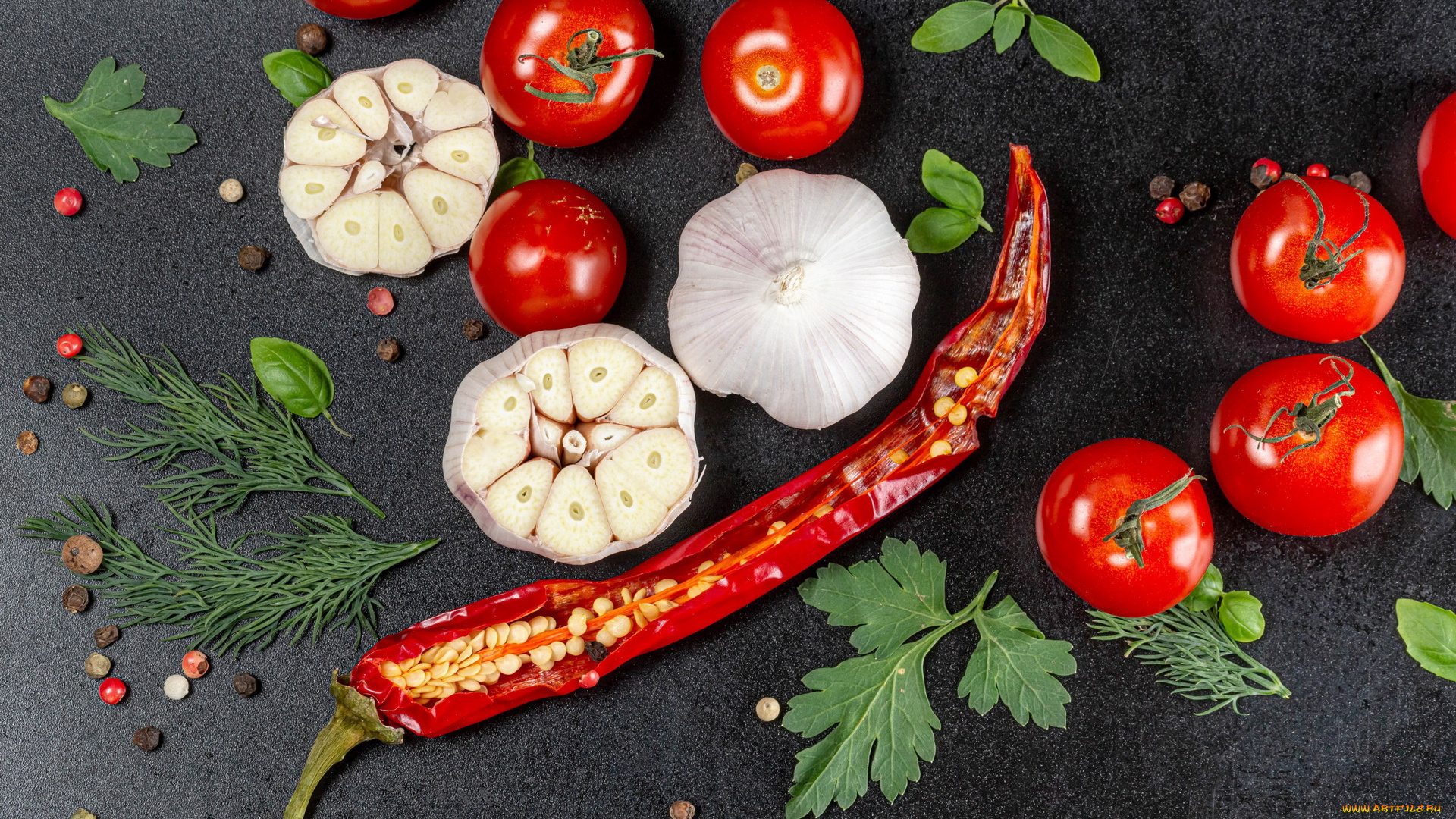 еда, овощи, острый, перец, чеснок, помидоры, укроп, петрушка